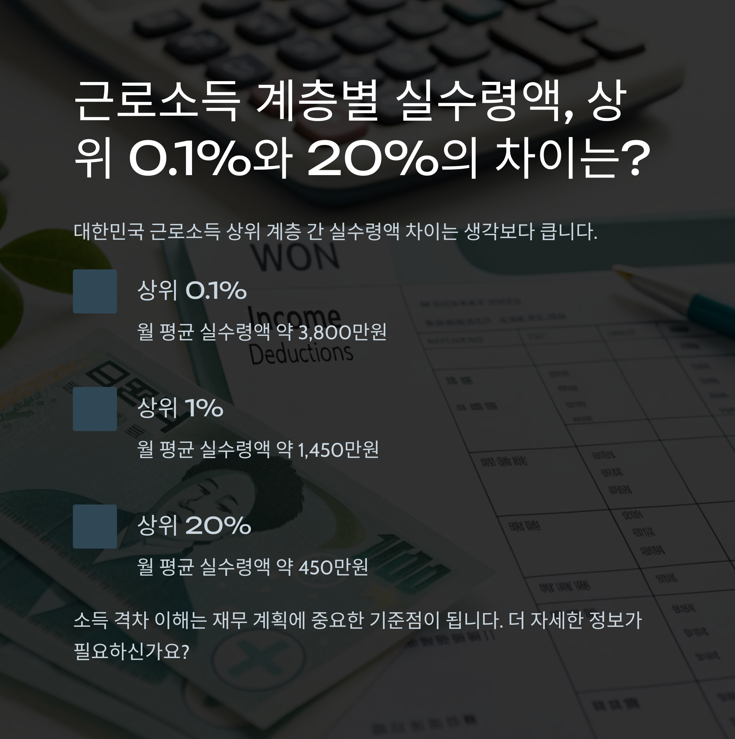 근로소득 상위 0.1%부터 20%까지, 근로소득 계층별 실수령액 차이는 얼마나 날까?