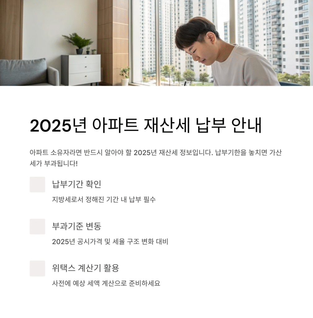 2025년 아파트 재산세 납부기간 및 부과기준 총정리
올해 아파트 재산세, 언제 얼마나 낼까? 납부 시기부터 계산법까지 한 번에 확인!
2025년에도 아파트 보유자는 반드시 재산세 납부 의무를 이행해야 합니다. 재산세는 매년 부동산 보유자에게 부과되는 지방세로, 납부기한을 놓치면 가산세 등의 불이익이 발생할 수 있습니다. 특히 2025년에는 공시가격 변동과 함께 세율 구조에도 일부 변동 요소가 있어 사전에 정확히 이해하고 준비하는 것이 중요합니다. 이 글에서는 2025년 아파트 재산세의 납부기간, 부과 기준, 계산 방식, 그리고 위택스 재산세 계산기 활용법까지 실질적인 정보를 정리해드립니다.