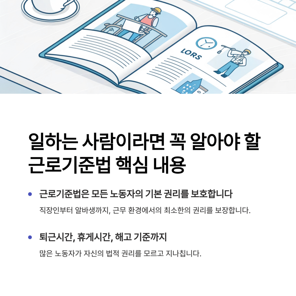 일하는 사람이라면 꼭 알아야 할 근로기준법 핵심 내용 정리
퇴근시간, 휴게시간, 해고 기준까지… 근로기준법은 어디까지 보호할까?
직장인이든 알바생이든, 일하는 사람이라면 누구나 적용받는 법이 바로 근로기준법입니다.
하지만 많은 사람들이 "법은 어렵다", "나랑은 상관없는 것 같다"고 느끼며
자신의 권리를 제대로 인식하지 못하는 경우가 많습니다.
이 글에서는 근로기준법의 핵심 조항과 실제 일상에 적용되는 사례를 통해
노동자가 보호받을 수 있는 최소한의 권리를 쉽게 설명해 드립니다.
또한 현장에서 자주 발생하는 오해와 법적 쟁점을 구체적으로 짚어봅니다.