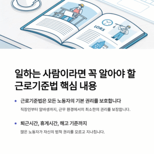 일하는 사람이라면 꼭 알아야 할 근로기준법 핵심 내용 정리 퇴근시간, 휴게시간, 해고 기준까지… 근로기준법은 어디까지 보호할까? 직장인이든 알바생이든, 일하는 사람이라면 누구나 적용받는 법이 바로 근로기준법입니다. 하지만 많은 사람들이 "법은 어렵다", "나랑은 상관없는 것 같다"고 느끼며 자신의 권리를 제대로 인식하지 못하는 경우가 많습니다. 이 글에서는 근로기준법의 핵심 조항과 실제 일상에 적용되는 사례를 통해 노동자가 보호받을 수 있는 최소한의 권리를 쉽게 설명해 드립니다. 또한 현장에서 자주 발생하는 오해와 법적 쟁점을 구체적으로 짚어봅니다.
